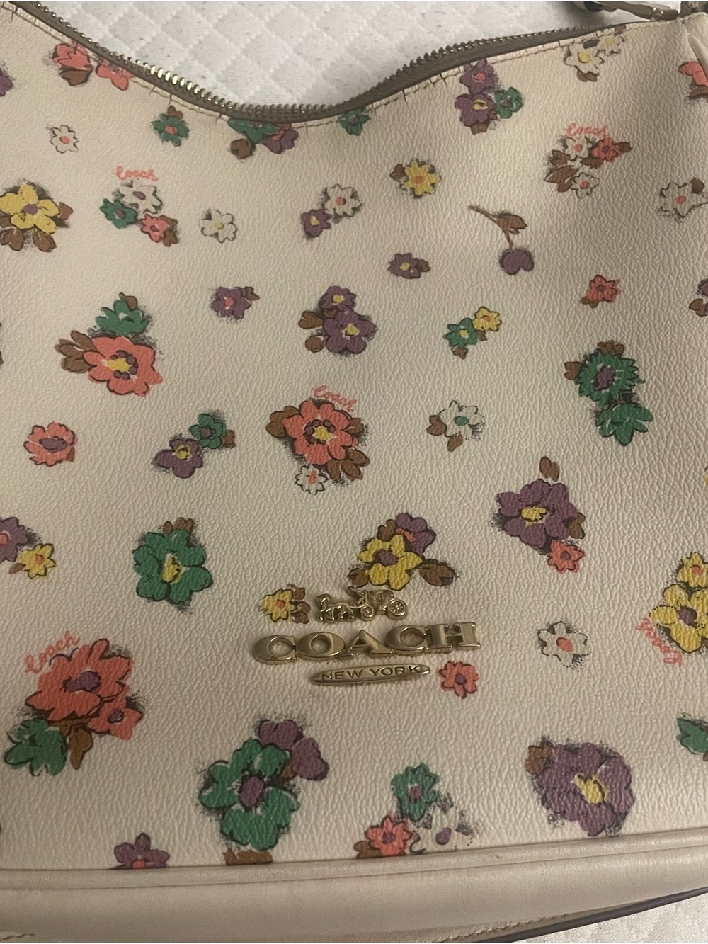 Coach Cream Floral Leather Key & Card Holder with Gold Logo